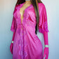 Authentic Vintage Slinky Lace & Satin Floor Length Robe in Rich Pink - Tie Front - Elbow Length sleeves - Open from the waist