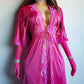 Authentic Vintage Slinky Lace & Satin Floor Length Robe in Rich Pink - Tie Front - Elbow Length sleeves - Open from the waist