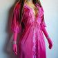 Authentic Vintage Slinky Lace & Satin Floor Length Robe in Rich Pink - Tie Front - Elbow Length sleeves - Open from the waist