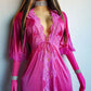 Authentic Vintage Slinky Lace & Satin Floor Length Robe in Rich Pink - Tie Front - Elbow Length sleeves - Open from the waist