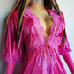 Authentic Vintage Slinky Lace & Satin Floor Length Robe in Rich Pink - Tie Front - Elbow Length sleeves - Open from the waist