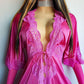 Authentic Vintage Slinky Lace & Satin Floor Length Robe in Rich Pink - Tie Front - Elbow Length sleeves - Open from the waist