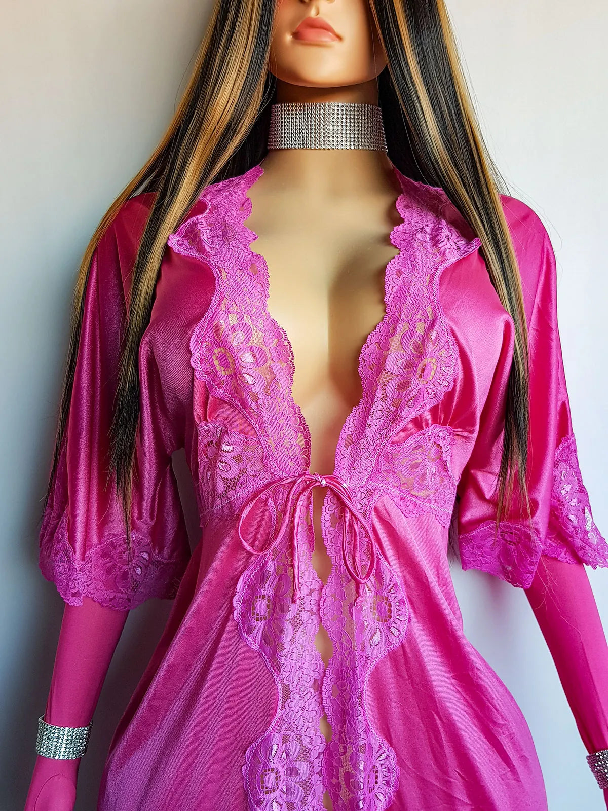 Authentic Vintage Slinky Lace & Satin Floor Length Robe in Rich Pink - Tie Front - Elbow Length sleeves - Open from the waist