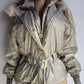 1990s Iconic Gold Slazenger Iridescent Fur Hood Puffer Ski Style Jacket - Tailored Hourglass with Belt - Insane Gold Hearts Hard ware  - Literally the Perfect Shape - Fully Lined