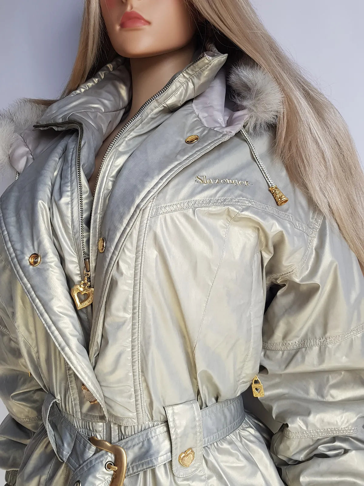 1990s Iconic Gold Slazenger Iridescent Fur Hood Puffer Ski Style Jacket - Tailored Hourglass with Belt - Insane Gold Hearts Hard ware  - Literally the Perfect Shape - Fully Lined