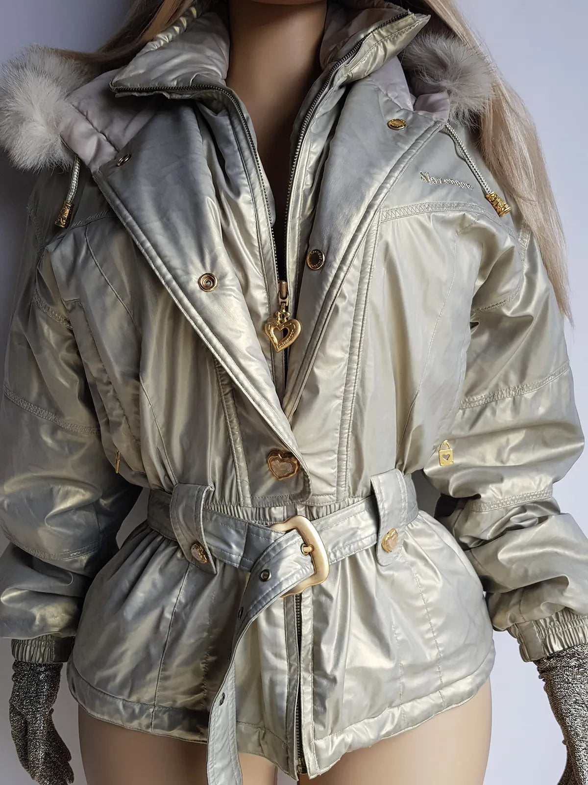 1990s Iconic Gold Slazenger Iridescent Fur Hood Puffer Ski Style Jacket - Tailored Hourglass with Belt - Insane Gold Hearts Hard ware  - Literally the Perfect Shape - Fully Lined