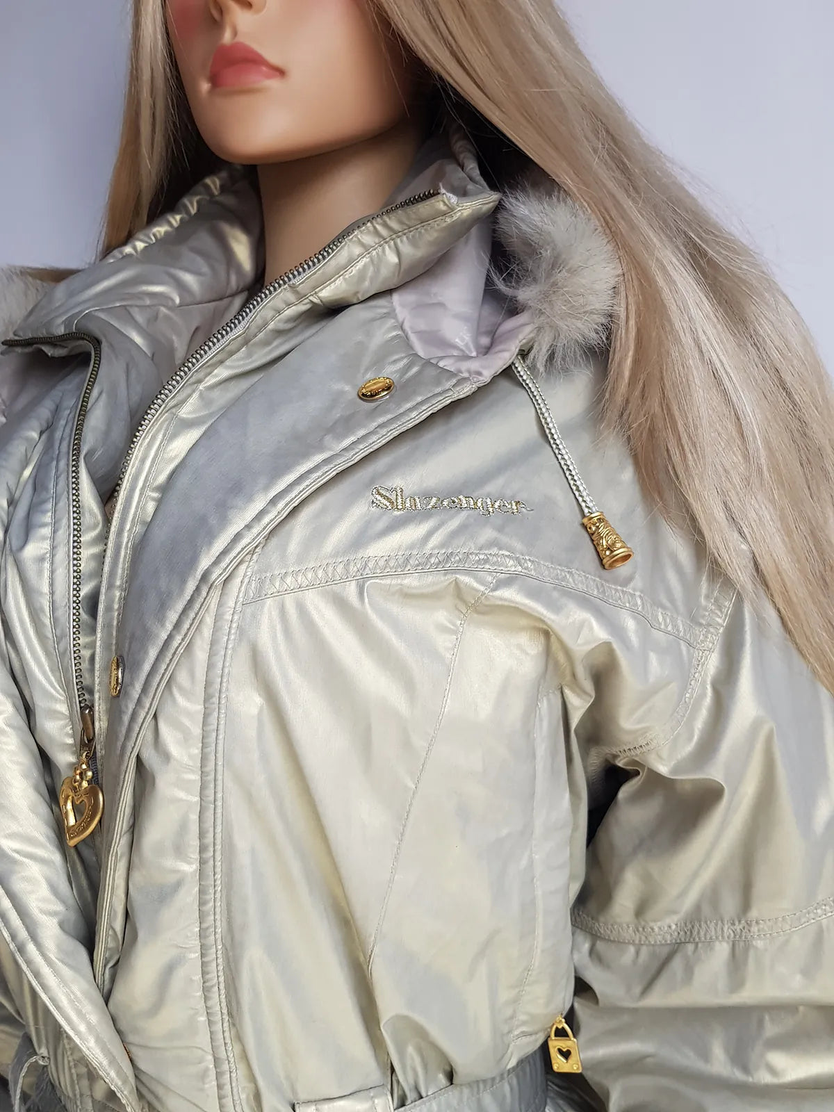 1990s Iconic Gold Slazenger Iridescent Fur Hood Puffer Ski Style Jacket - Tailored Hourglass with Belt - Insane Gold Hearts Hard ware  - Literally the Perfect Shape - Fully Lined