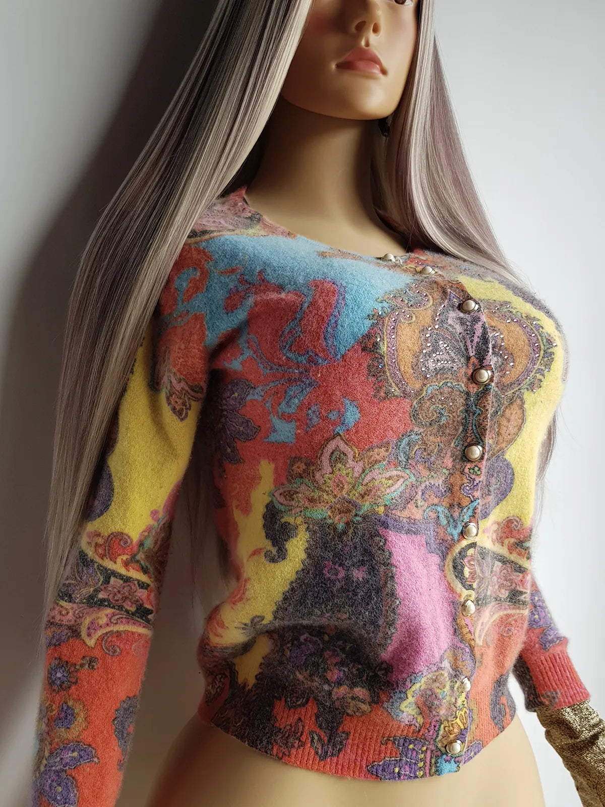 Vintage Italian 2000s Fluffy Top with Absolutely Wild Print and Hand Rhinestoning over one shoulder