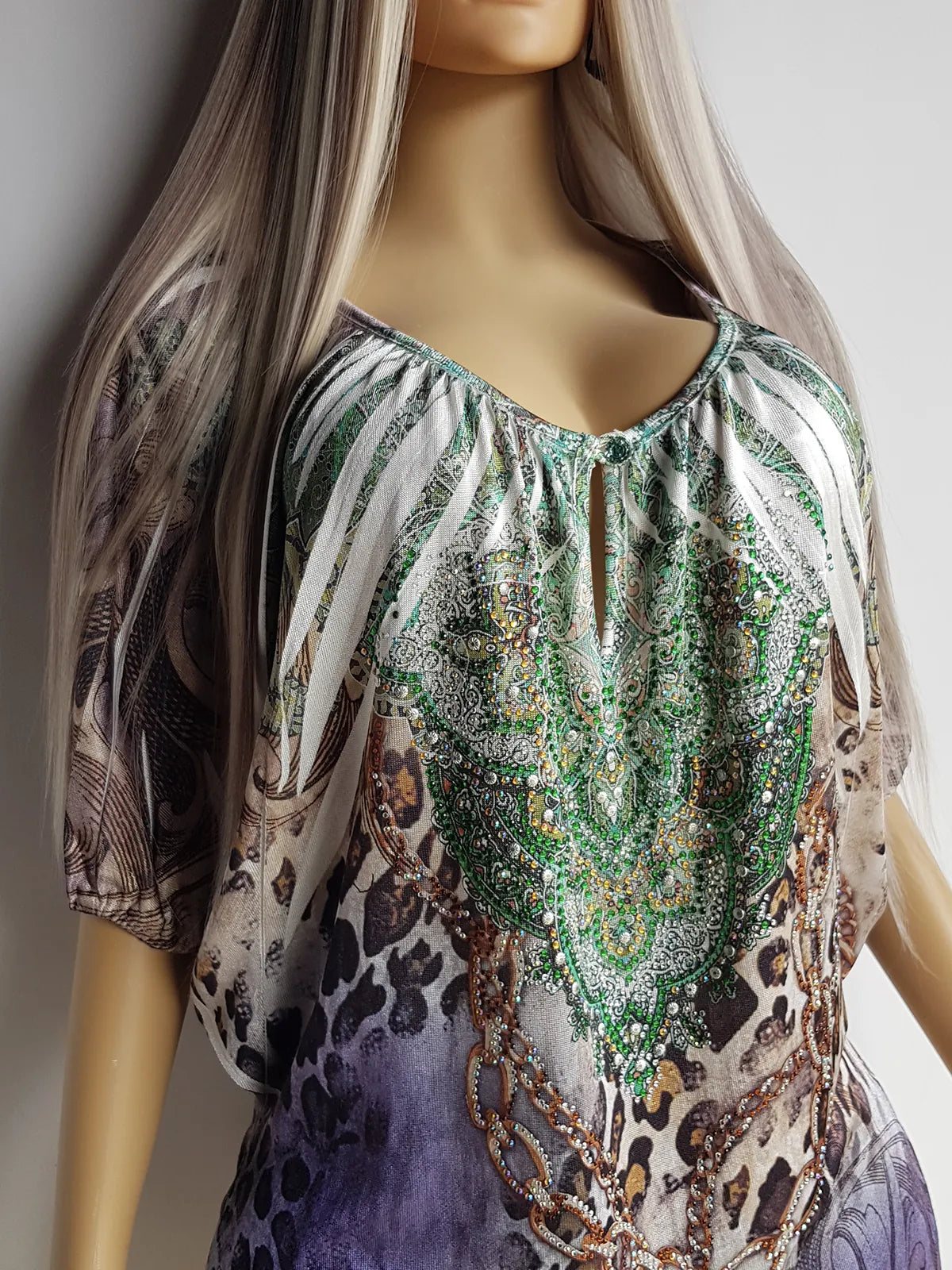 2000s Bohemian Draped Rhinestone top with Iconic Nostalgia Boho Print in Leopard & Chains - Perfect Shape