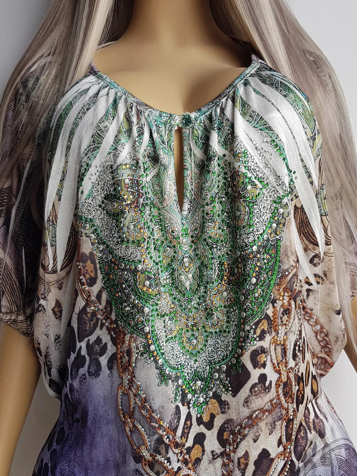 2000s Bohemian Draped Rhinestone top with Iconic Nostalgia Boho Print in Leopard & Chains - Perfect Shape