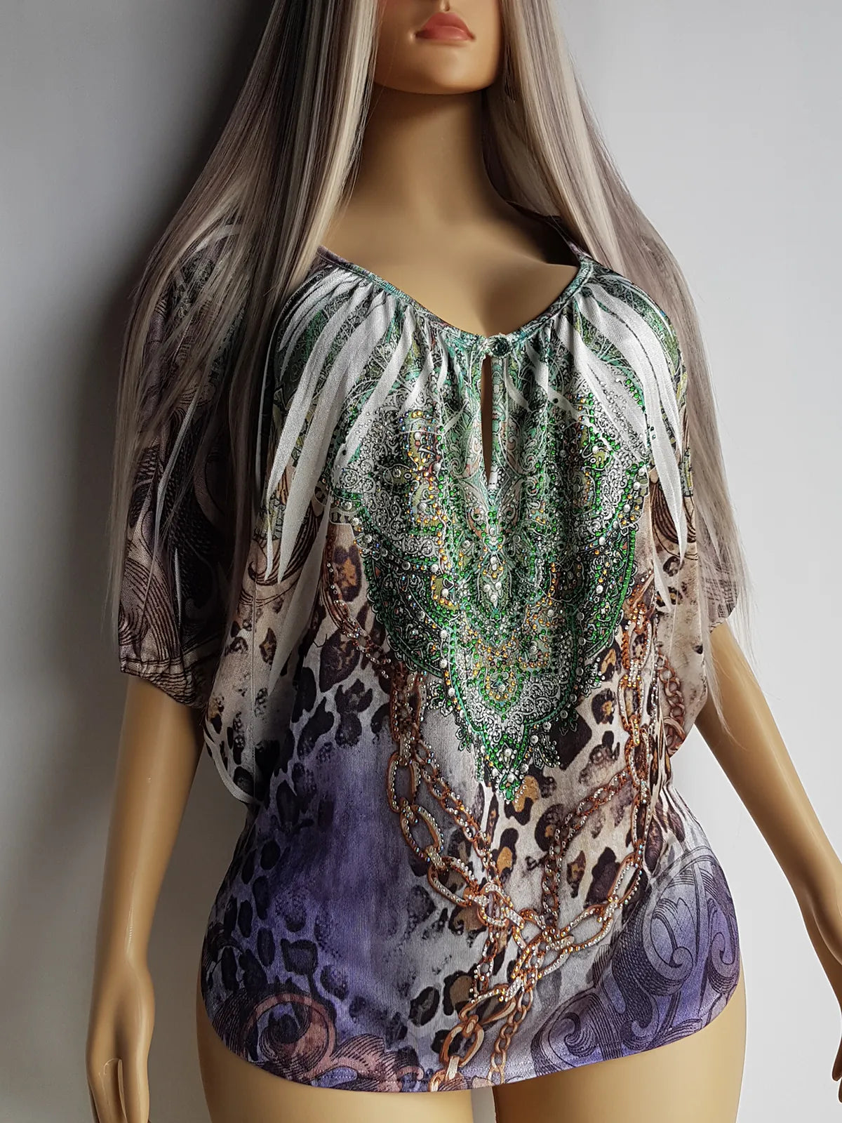 2000s Bohemian Draped Rhinestone top with Iconic Nostalgia Boho Print in Leopard & Chains - Perfect Shape