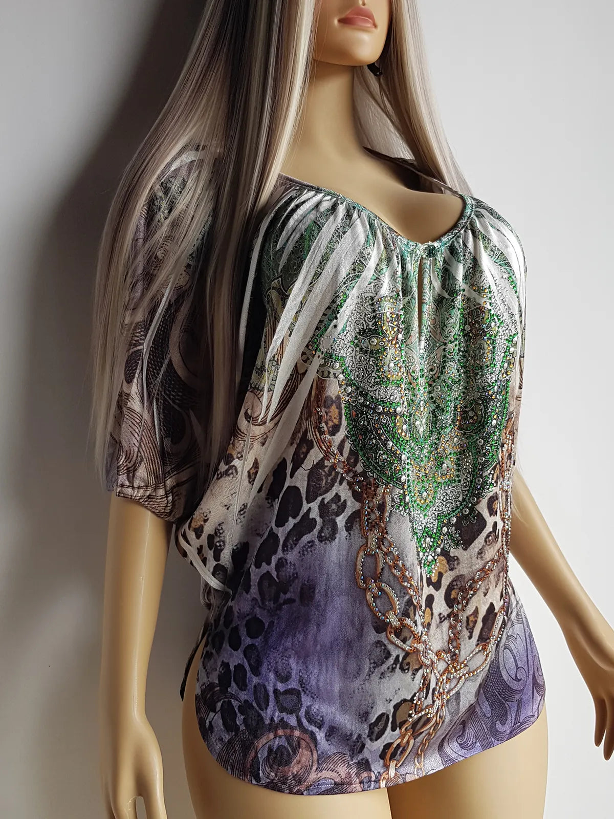 2000s Bohemian Draped Rhinestone top with Iconic Nostalgia Boho Print in Leopard & Chains - Perfect Shape