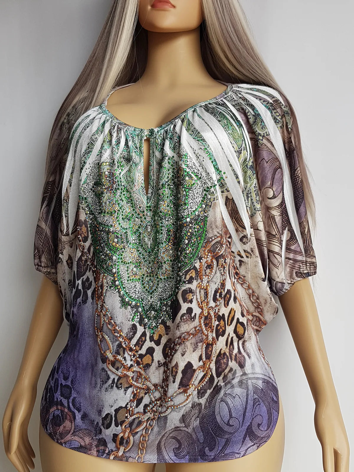 2000s Bohemian Draped Rhinestone top with Iconic Nostalgia Boho Print in Leopard & Chains - Perfect Shape