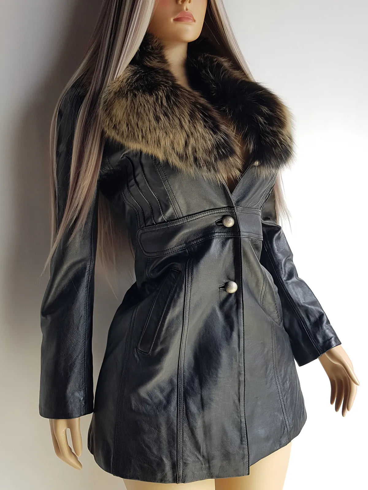 Vintage 2000s Black Leather & Ultra Plush Fox Fur Spy Coat - Super Buttery Soft - 100% genuine Leather & Fur Collar - Fully Lined