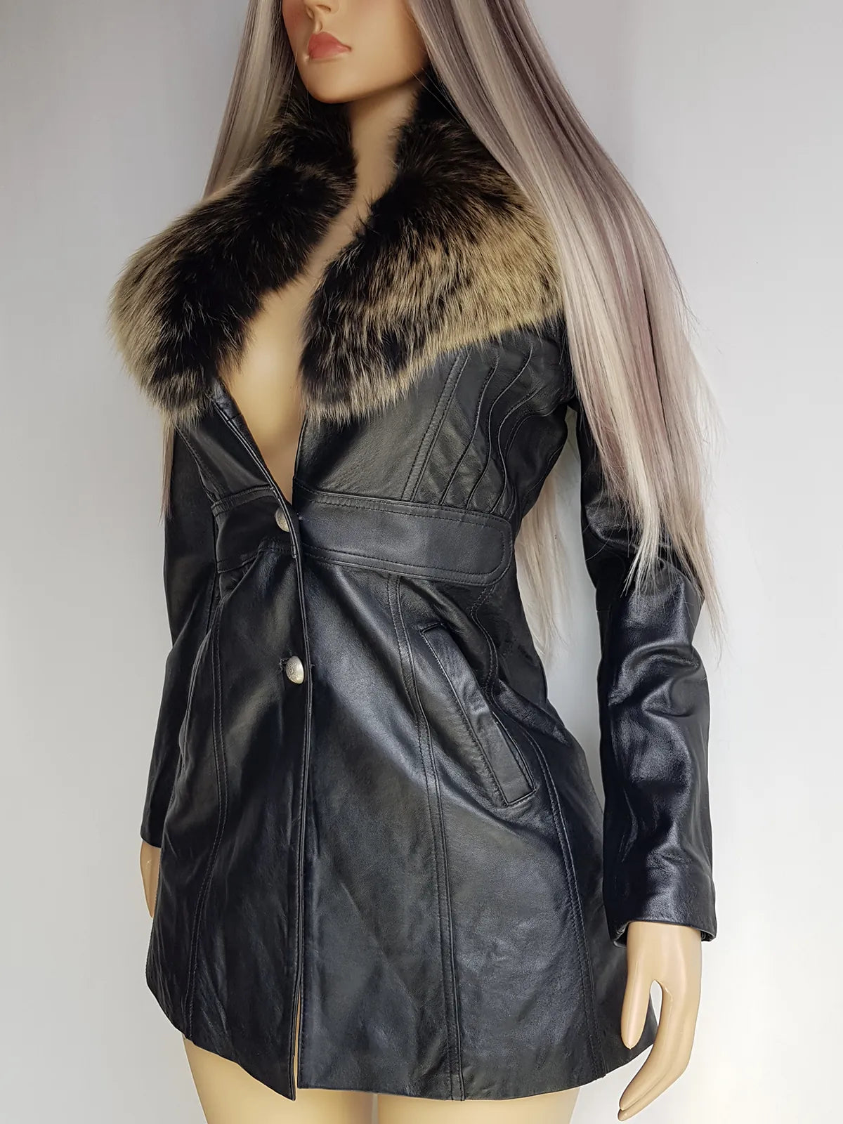 Vintage 2000s Black Leather & Ultra Plush Fox Fur Spy Coat - Super Buttery Soft - 100% genuine Leather & Fur Collar - Fully Lined