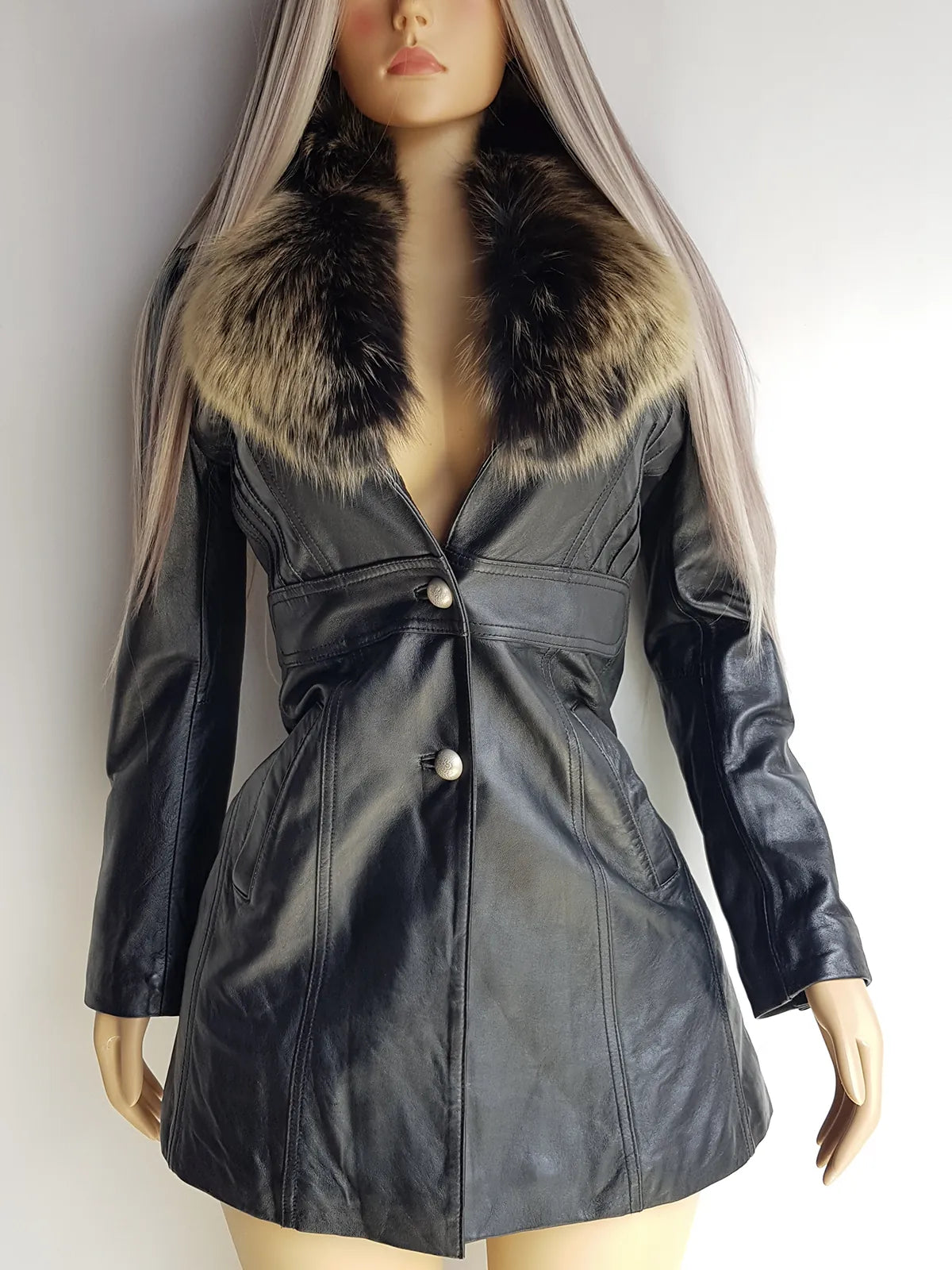 Vintage 2000s Black Leather & Ultra Plush Fox Fur Spy Coat - Super Buttery Soft - 100% genuine Leather & Fur Collar - Fully Lined