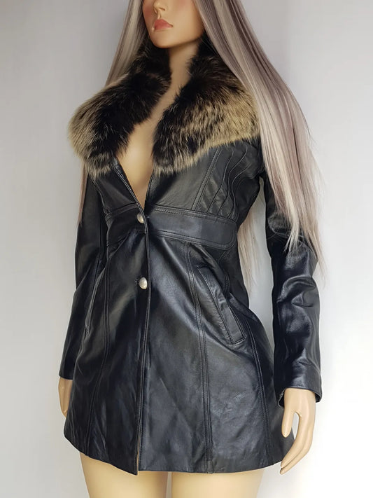 Vintage 2000s Black Leather & Ultra Plush Fox Fur Spy Coat - Super Buttery Soft - 100% genuine Leather & Fur Collar - Fully Lined