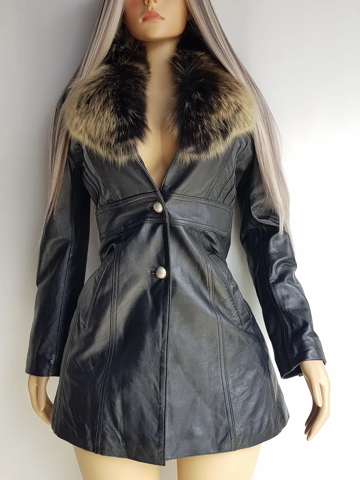 Vintage 2000s Black Leather & Ultra Plush Fox Fur Spy Coat - Super Buttery Soft - 100% genuine Leather & Fur Collar - Fully Lined