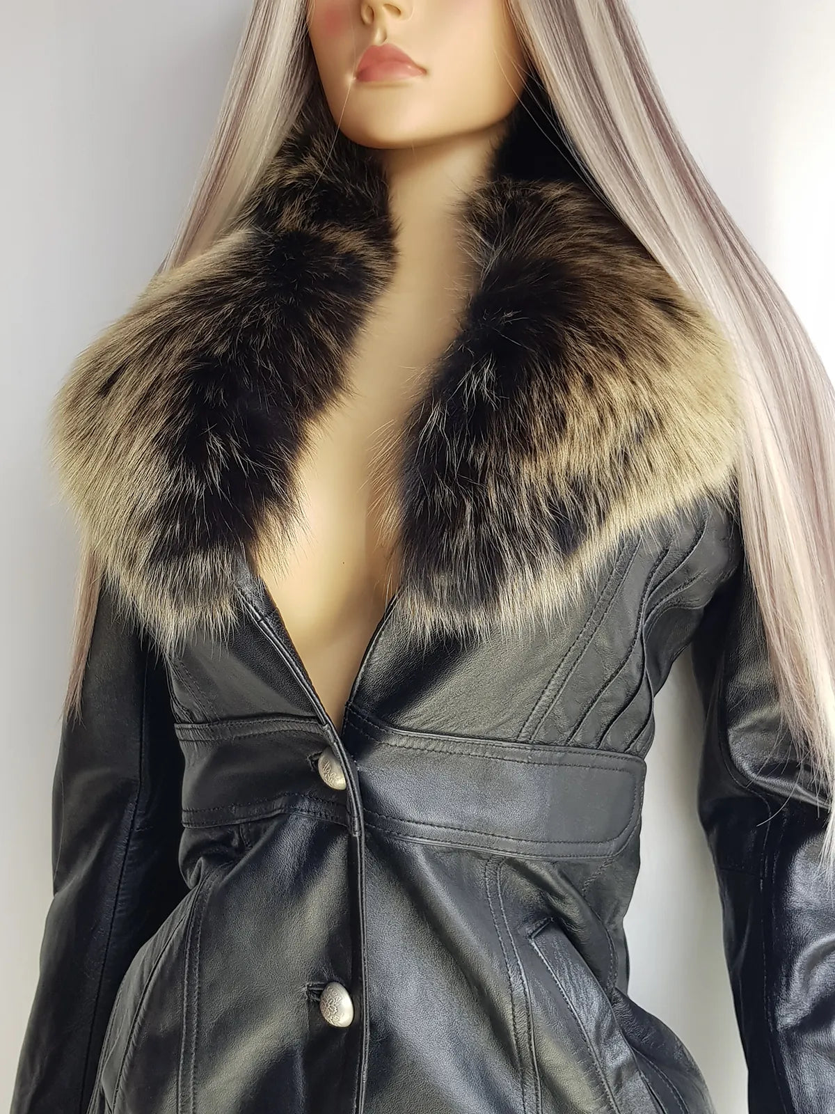 Vintage 2000s Black Leather & Ultra Plush Fox Fur Spy Coat - Super Buttery Soft - 100% genuine Leather & Fur Collar - Fully Lined