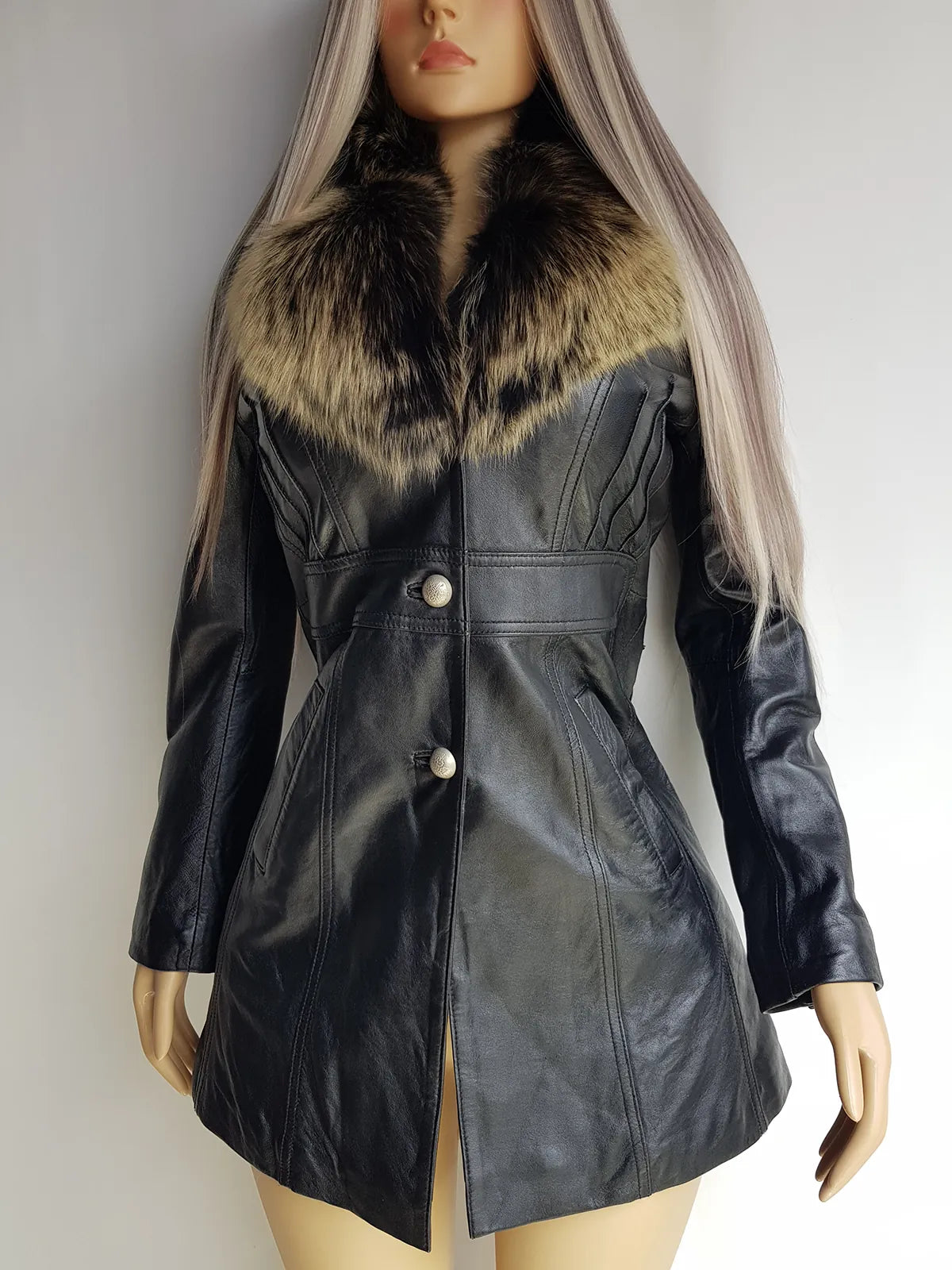 Vintage 2000s Black Leather & Ultra Plush Fox Fur Spy Coat - Super Buttery Soft - 100% genuine Leather & Fur Collar - Fully Lined