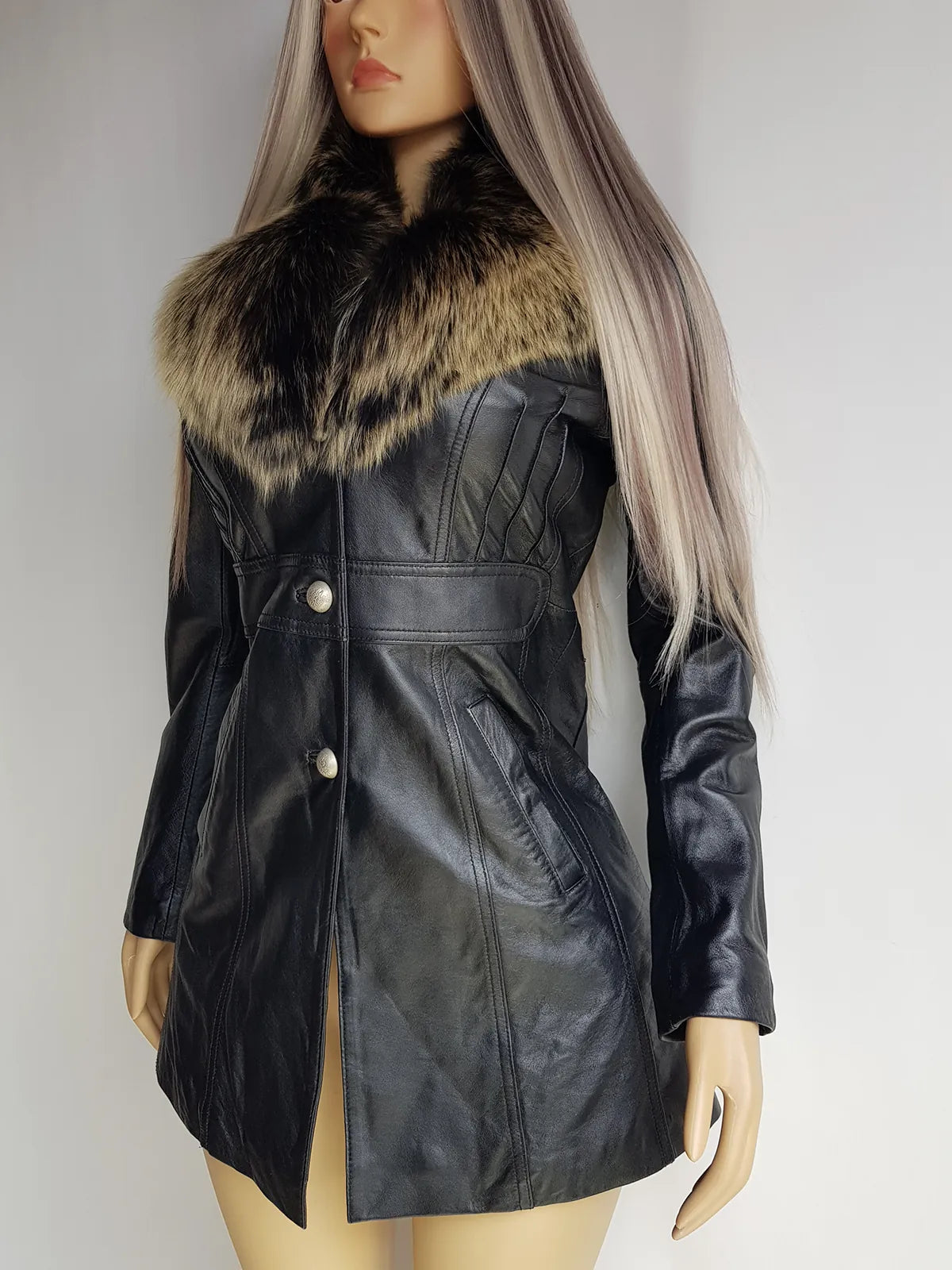 Vintage 2000s Black Leather & Ultra Plush Fox Fur Spy Coat - Super Buttery Soft - 100% genuine Leather & Fur Collar - Fully Lined