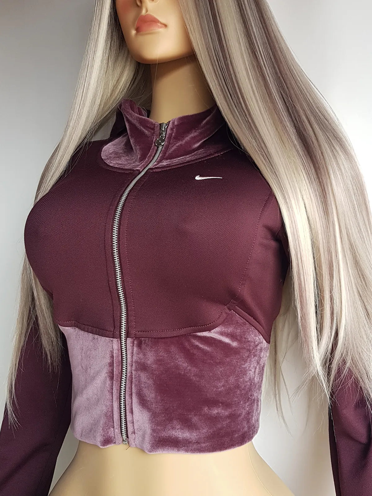 2000s Authentic Nike Velour Sexy Pilates Princess Vintage Hooded Purple Cropped Zip Jacket with Embroidery & Rhinestones