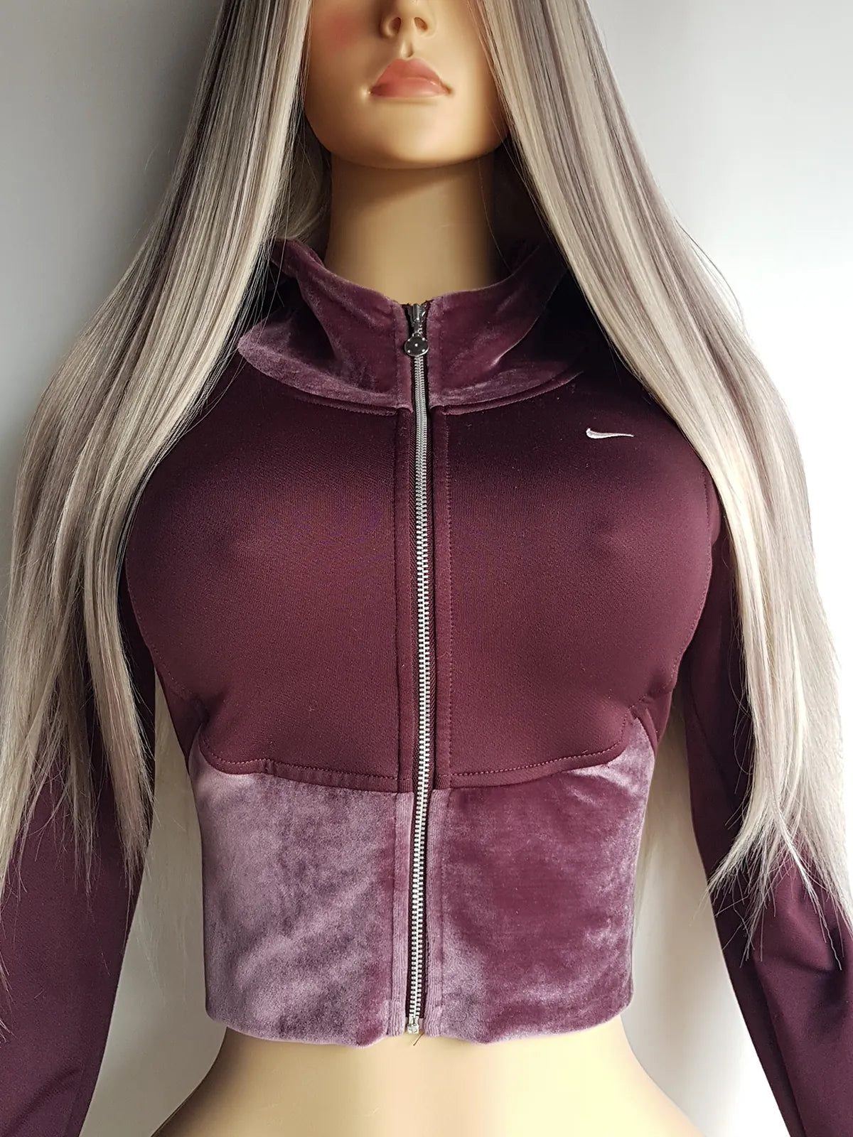 2000s Authentic Nike Velour Sexy Pilates Princess Vintage Hooded Purple Cropped Zip Jacket with Embroidery & Rhinestones