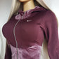 2000s Authentic Nike Velour Sexy Pilates Princess Vintage Hooded Purple Cropped Zip Jacket with Embroidery & Rhinestones