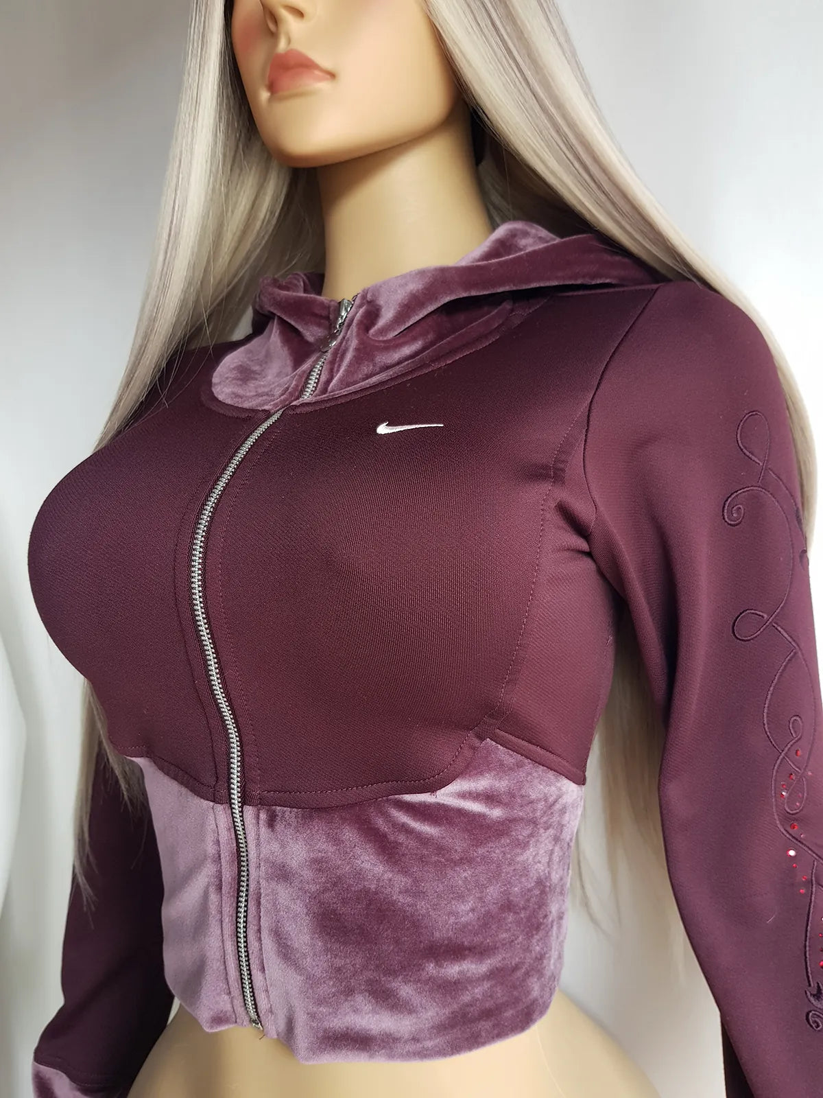 2000s Authentic Nike Velour Sexy Pilates Princess Vintage Hooded Purple Cropped Zip Jacket with Embroidery & Rhinestones