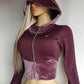 2000s Authentic Nike Velour Sexy Pilates Princess Vintage Hooded Purple Cropped Zip Jacket with Embroidery & Rhinestones