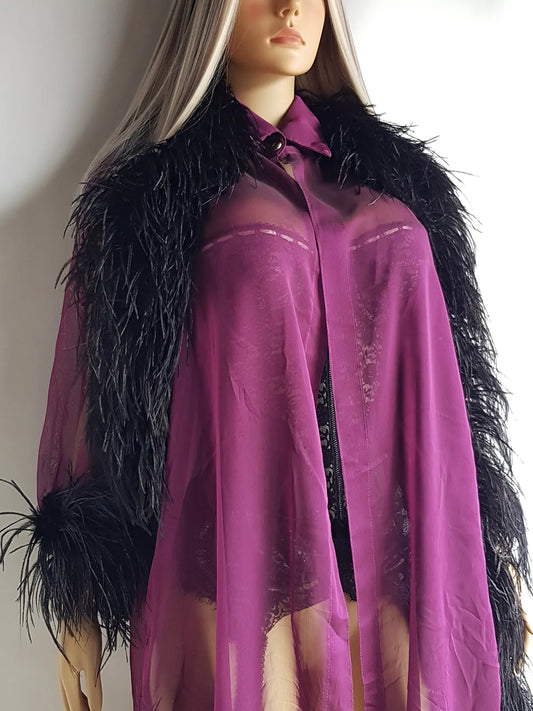 1990s Peekaboo Sheer Purple Ostrich Feather Sleeve Duster Coat - Gold Button Collar - Open Front - Floaty & Delicate - Wear Multiple Ways