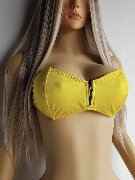 Vintage Yellow zip front 1980s boned sporty bandeau top with chunky black zip front - hook clasp - very Hawaiian tropic 80s style