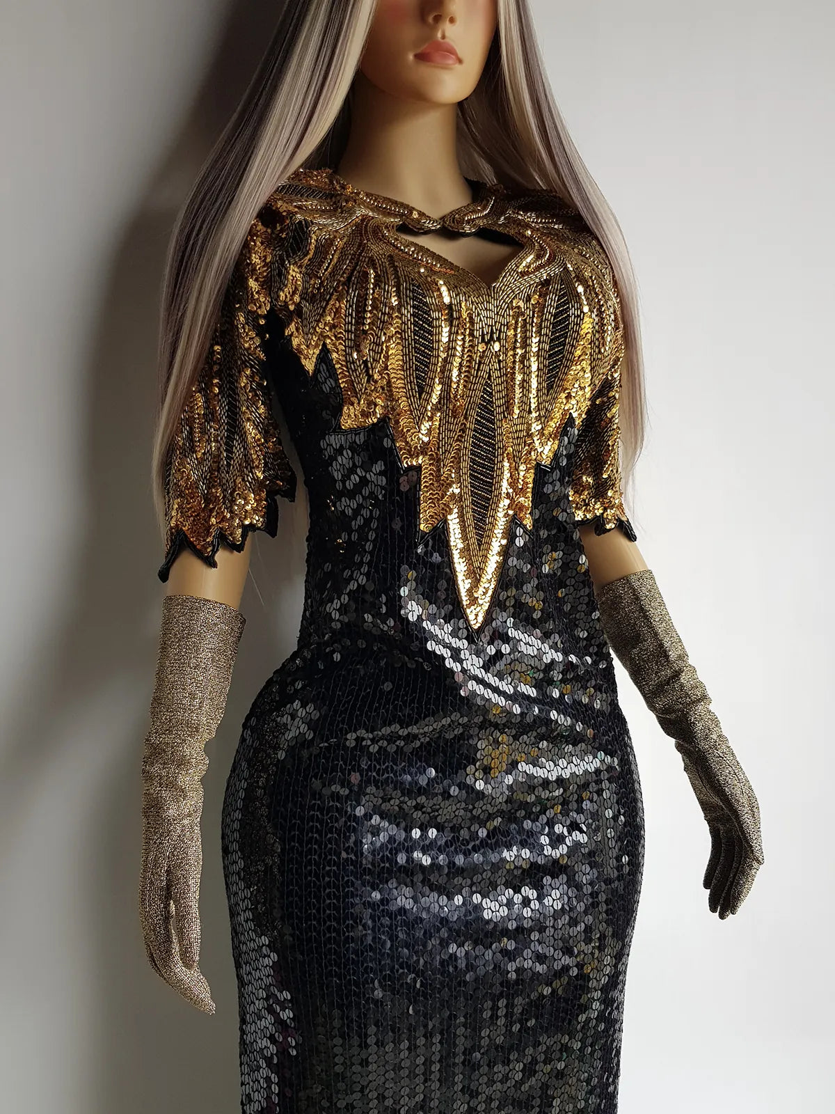 Absolute Knockout Black & Gold 100% Silk Fully Beaded & Sequined Occasion Dress