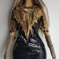 Absolute Knockout Black & Gold 100% Silk Fully Beaded & Sequined Occasion Dress