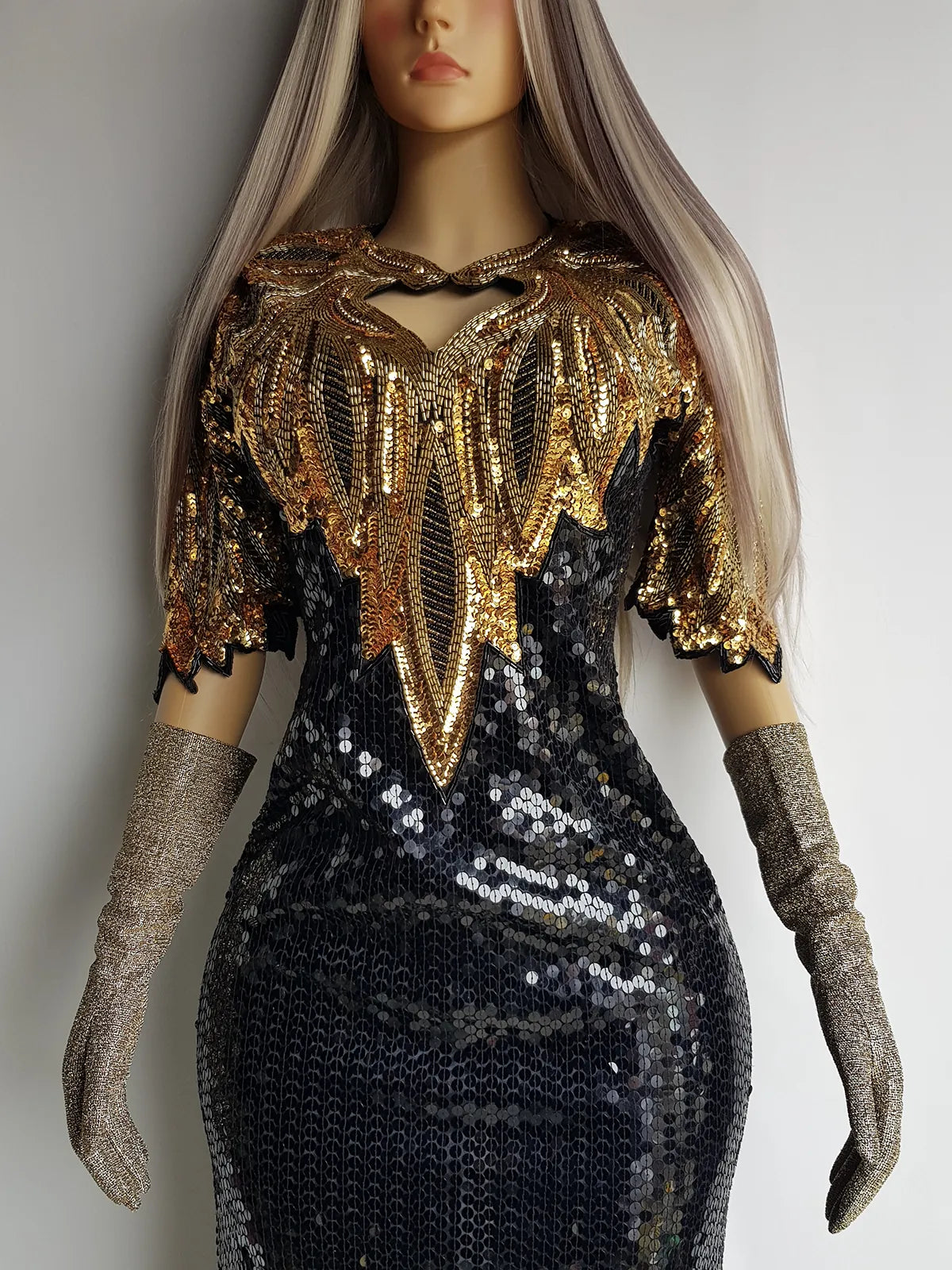 Absolute Knockout Black & Gold 100% Silk Fully Beaded & Sequined Occasion Dress