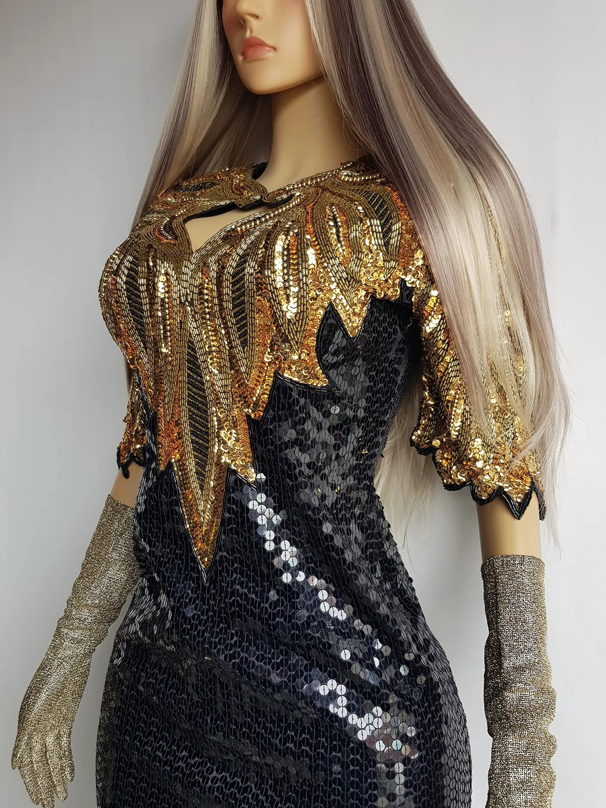 Absolute Knockout Black & Gold 100% Silk Fully Beaded & Sequined Occasion Dress