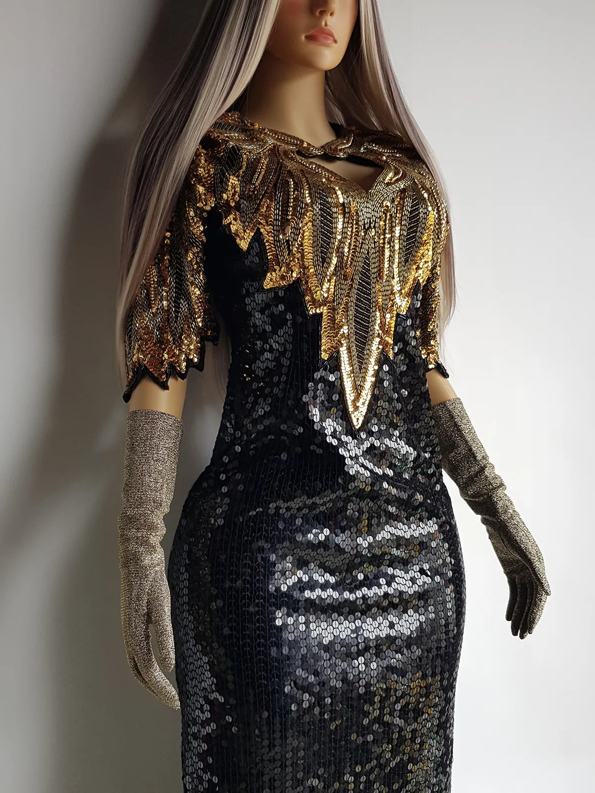 Absolute Knockout Black & Gold 100% Silk Fully Beaded & Sequined Occasion Dress