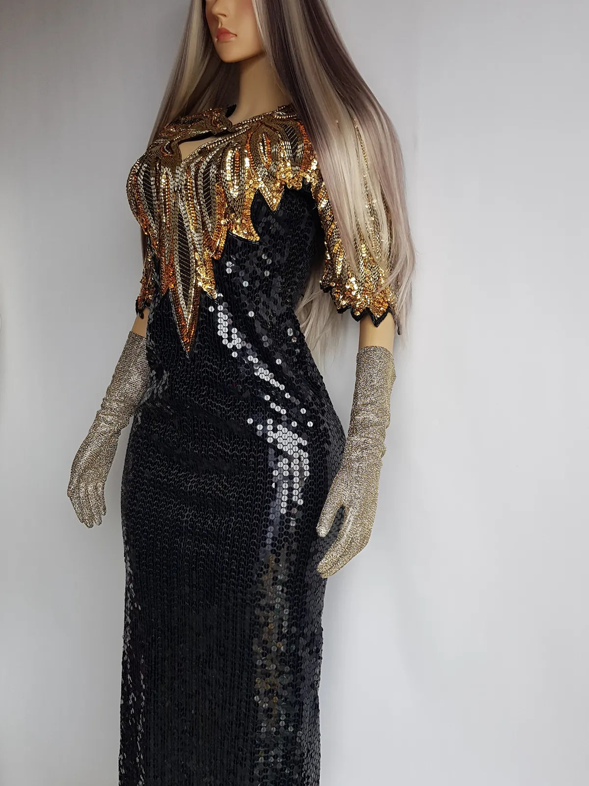 Absolute Knockout Black & Gold 100% Silk Fully Beaded & Sequined Occasion Dress