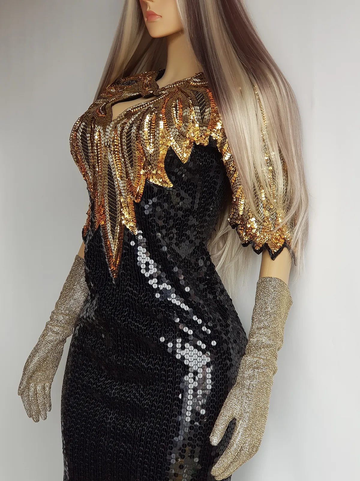 Absolute Knockout Black & Gold 100% Silk Fully Beaded & Sequined Occasion Dress