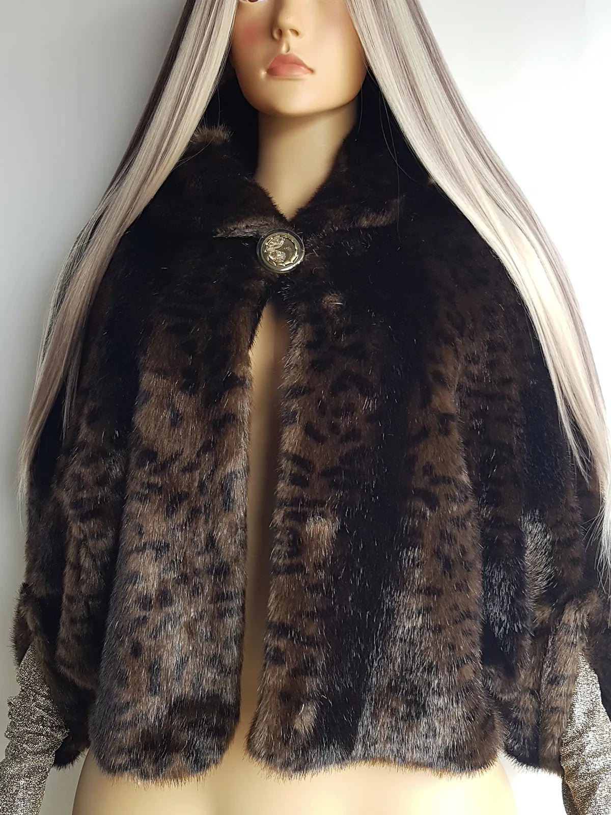 Vintage Leopard Cape with Collar - Iconic Sparkly Buttons- Vegan Fur - Satin Leopard Print Lining