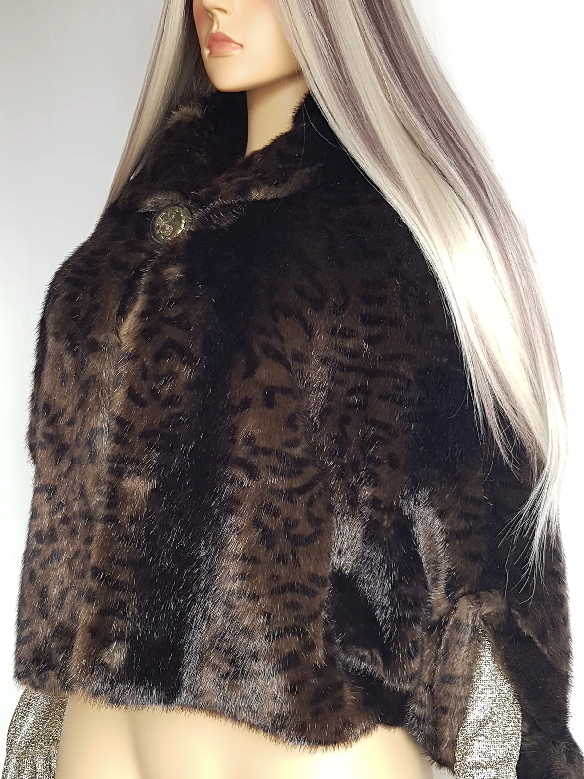 Vintage Leopard Cape with Collar - Iconic Sparkly Buttons- Vegan Fur - Satin Leopard Print Lining