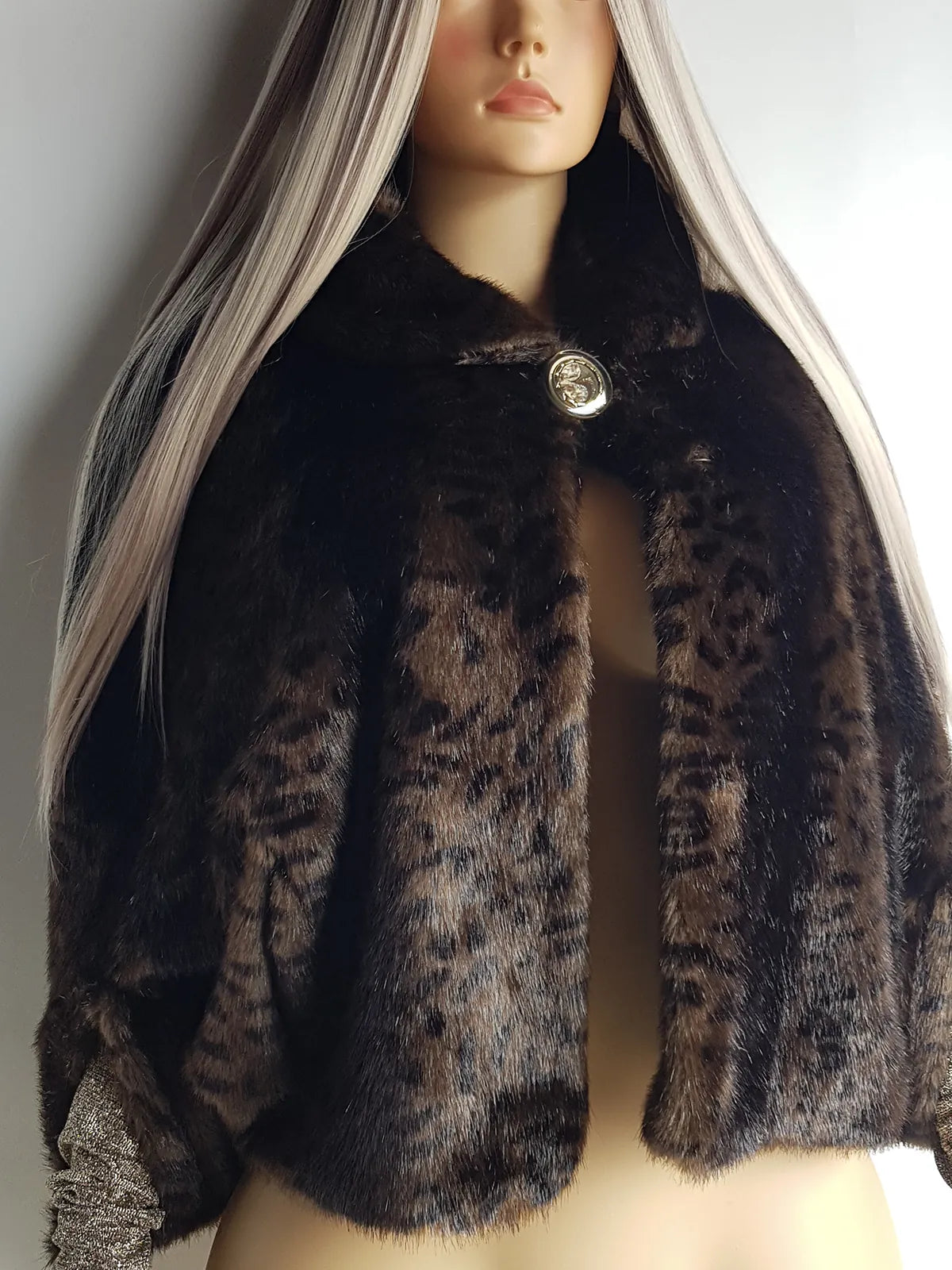 Vintage Leopard Cape with Collar - Iconic Sparkly Buttons- Vegan Fur - Satin Leopard Print Lining