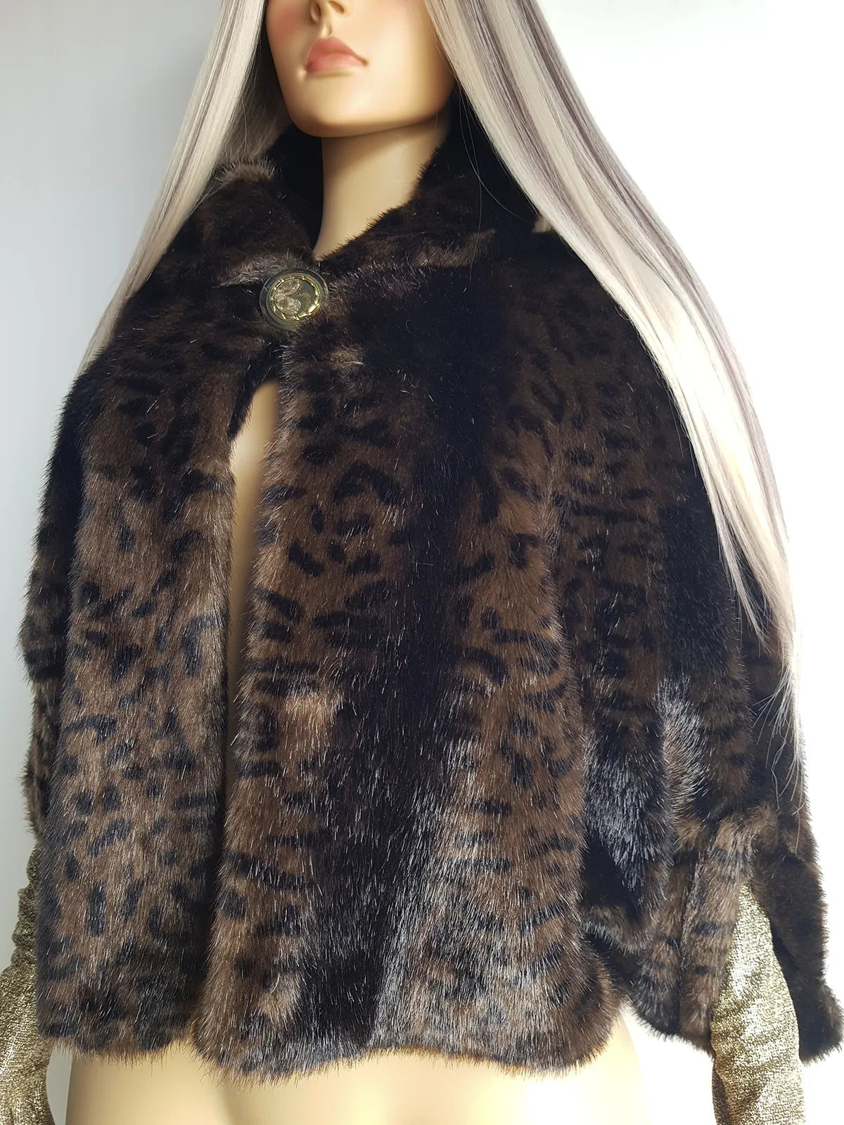 Vintage Leopard Cape with Collar - Iconic Sparkly Buttons- Vegan Fur - Satin Leopard Print Lining