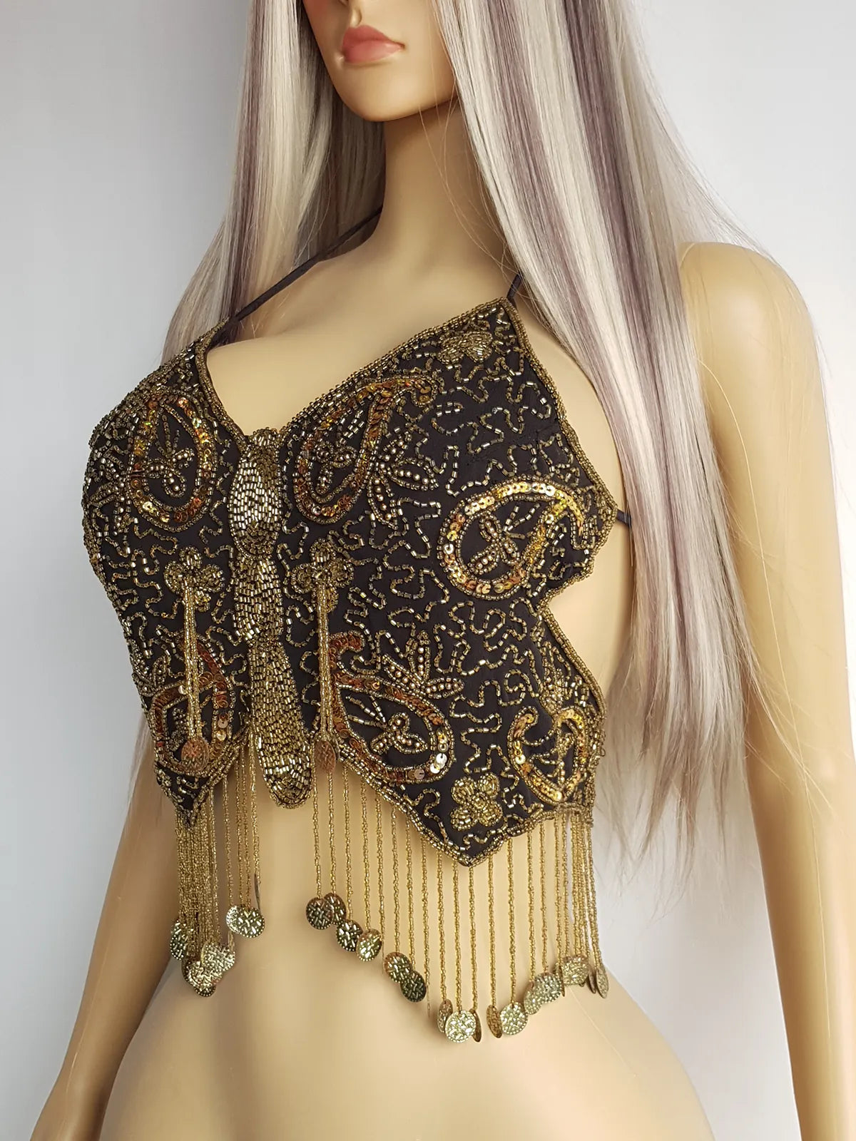 Absolute Knockout Vintage Fully Beaded Butterfly Top - Beaded Tassels with Coins - String Ties