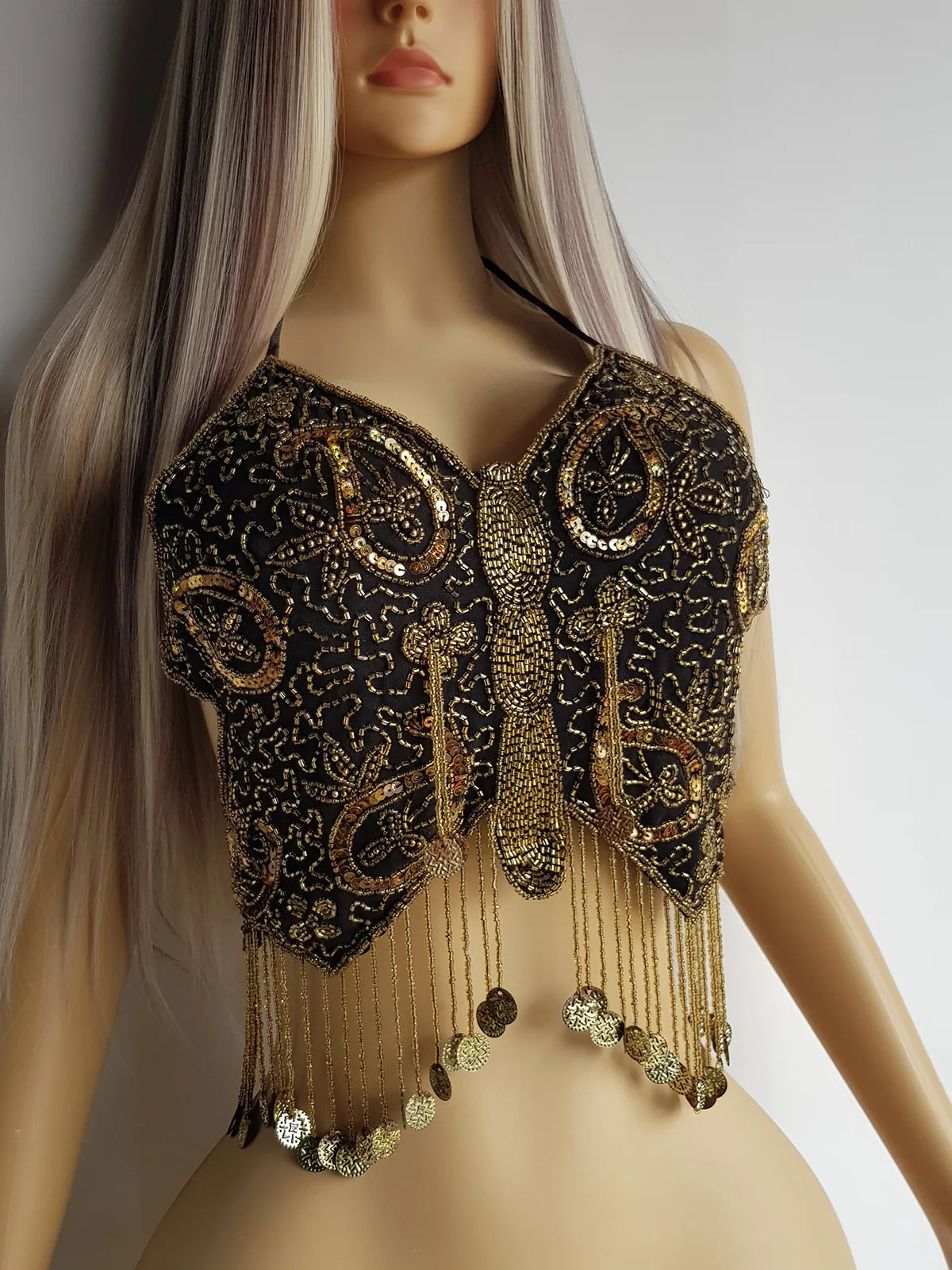 Absolute Knockout Vintage Fully Beaded Butterfly Top - Beaded Tassels with Coins - String Ties