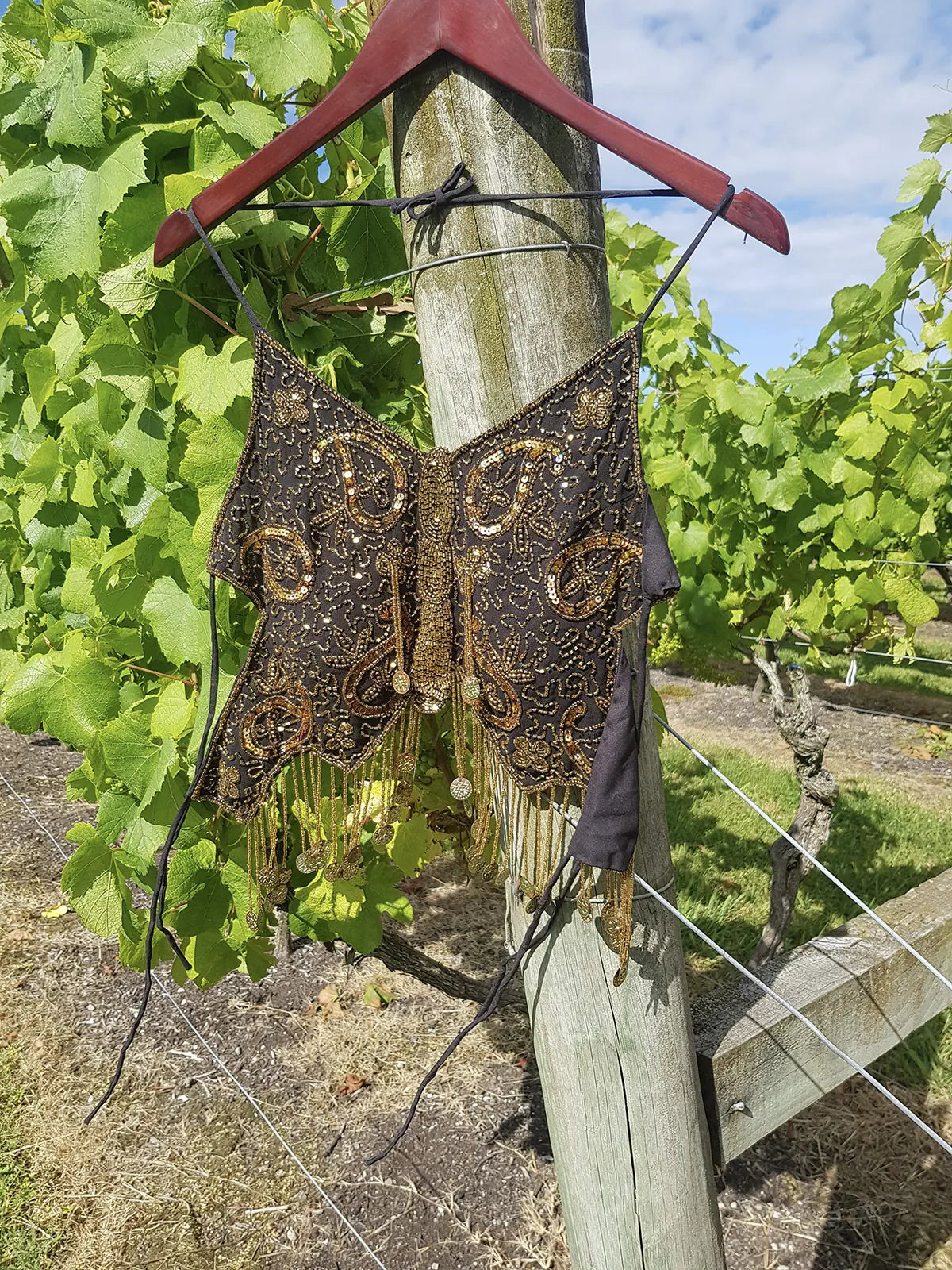 Absolute Knockout Vintage Fully Beaded Butterfly Top - Beaded Tassels with Coins - String Ties