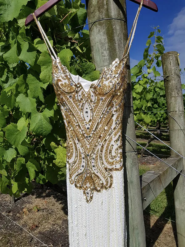 Pure Silk One in a Million Party Dress - Fully Hand Sequined - White & Gold full sequins - magnetic piece that you'll keep forever