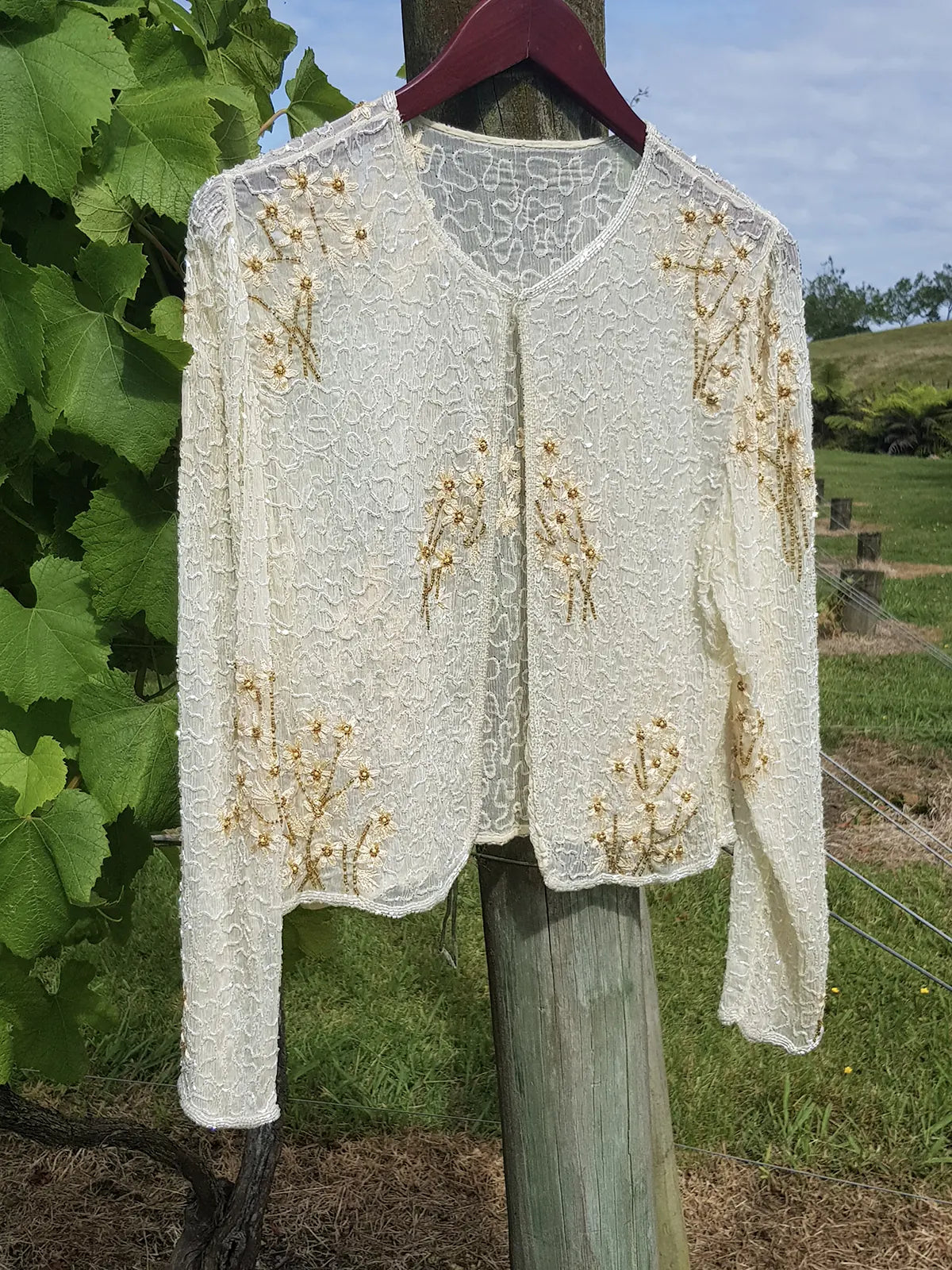 Vintage Ethereal 100% Silk - Bridal Quality Cream & Gold Flowers - Handmade Fully Beaded Jacket