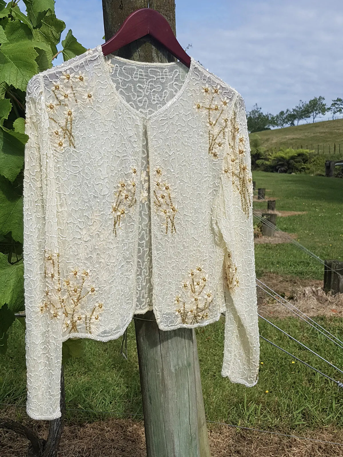 Vintage Ethereal 100% Silk - Bridal Quality Cream & Gold Flowers - Handmade Fully Beaded Jacket