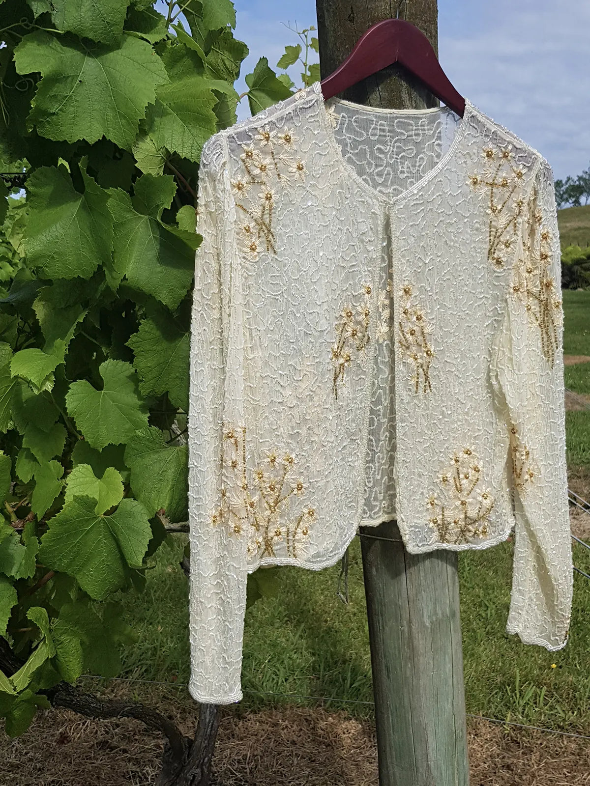 Vintage Ethereal 100% Silk - Bridal Quality Cream & Gold Flowers - Handmade Fully Beaded Jacket